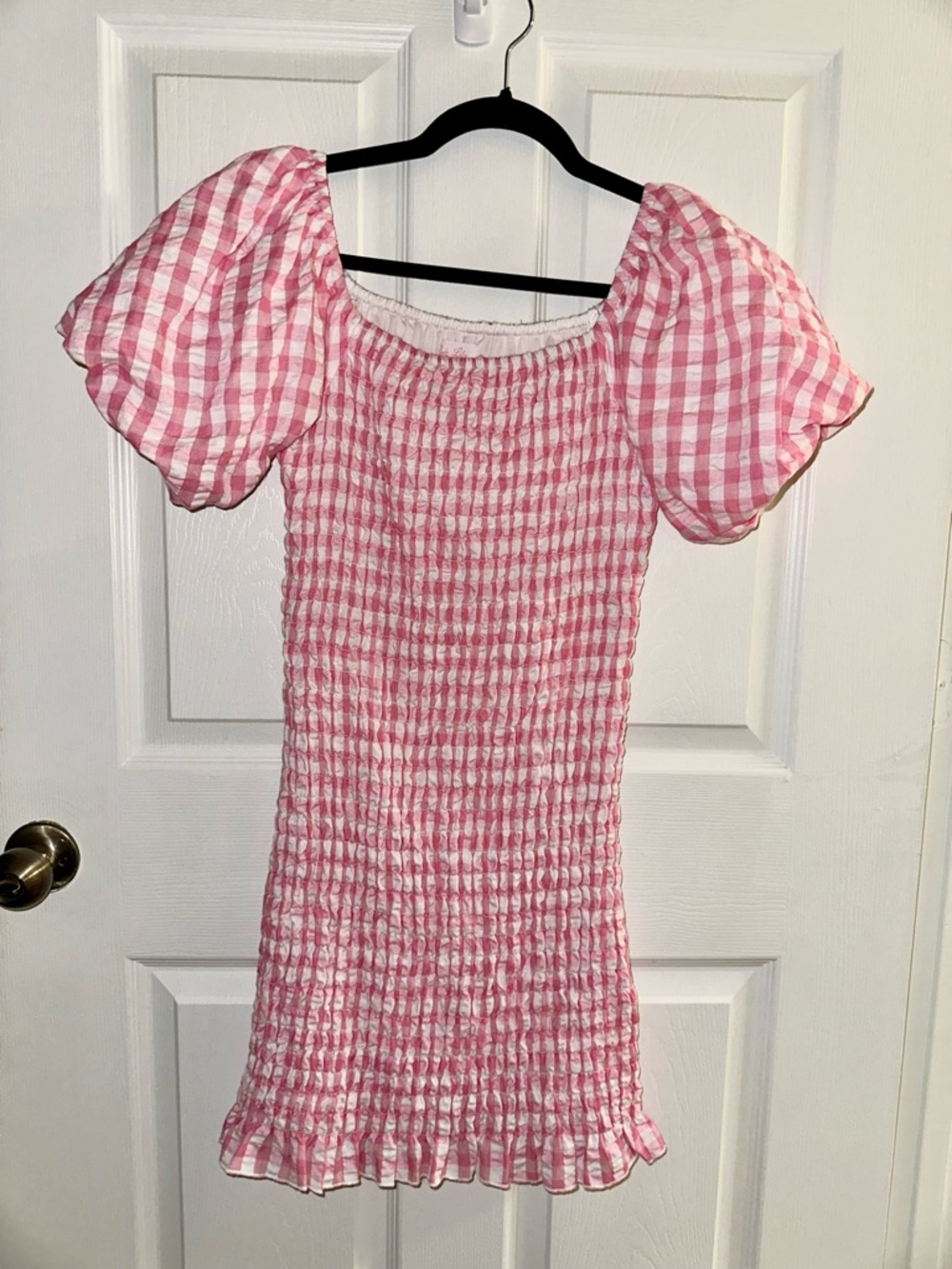 Pink Lily Pink & White Gingham Puff-Sleeve Smocked Dress